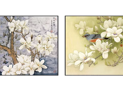 Traditional Plant Paintings With Blooming Magnolia Flowers And Bird On Branch 3d model