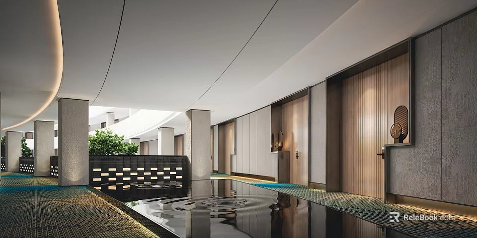 Modern Hotel Corridor Interior With White Walls Wooden Panels Curved Ceiling And Water Feature 3d model 