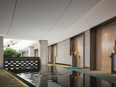 Modern Hotel Corridor Interior With White Walls Wooden Panels Curved Ceiling And Water Feature 3d model
