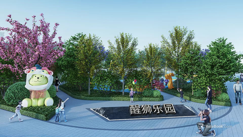 Lion Theme Park Landscape With Large Lion Sculpture Pink Flowering Trees And Playground 3d model 