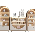 Modern Arched Bookcase with Built in Lighting Rabbit Figurines Books and Decorative Items
