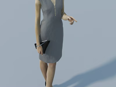 Woman in gray dress holding black clutch bag making pointing gesture against light gray background 3d model