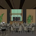 Elegant Modern Sales Office Interior With Wooden Ceiling Green Plants Sofa Dining Tables And Chandelier