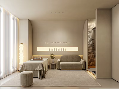 Modern Minimalist Beauty Salon Interior With Treatment Bed Cozy Sofa Soft Lighting And Stone Wall 3d model
