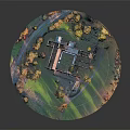 Cartoon Landscape Circular Layout with Central Castle Surrounded by Green Lawn and Colorful Autumn Trees