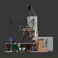 Cartoon Style Street Corner Scene With Two Story Building Billboards Parked Car And Colorful Clothesline
