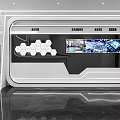 Modern Reception Desk With Company Logo And White Marble Counter On Wooden Textured Wall