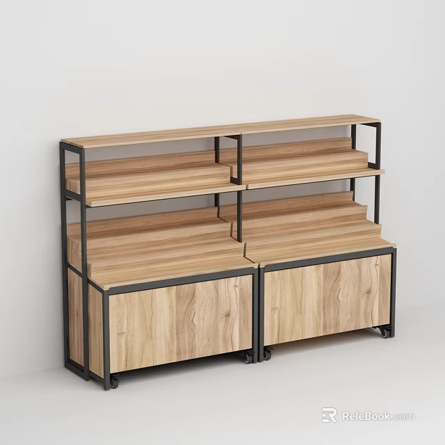 Fruit Store Display Furniture With Wooden Shelves And Mobile Storage Cabinets 3d model 