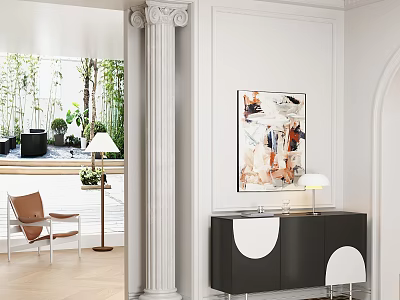 Modern Entryway Cabinet Sideboard With Wall Art Table Lamp And Accent Chair 3d model