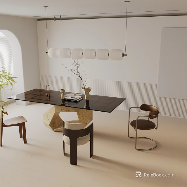 Modern Minimalist Dining Table Set With Chairs Pendant Lights Vase And Arched Window Background 3d model 