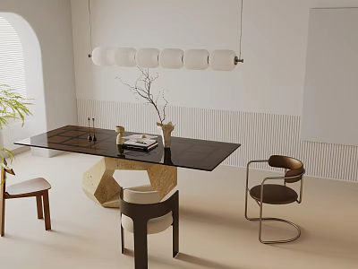 Modern Minimalist Dining Table Set With Chairs Pendant Lights Vase And Arched Window Background 3d model