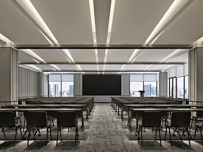 Modern Conference Room With Arranged Tables Chairs Podium Large Screen And City View Windows 3d model
