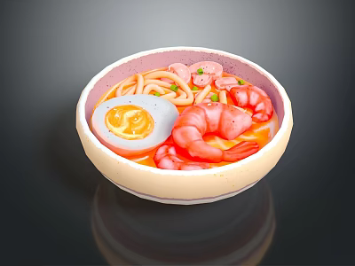 Noodle Soup with Shrimp and Soft Boiled Egg in Red Broth and Light Colored Bowl 3d model