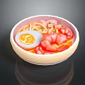 Noodle Soup with Shrimp and Soft Boiled Egg in Red Broth and Light Colored Bowl