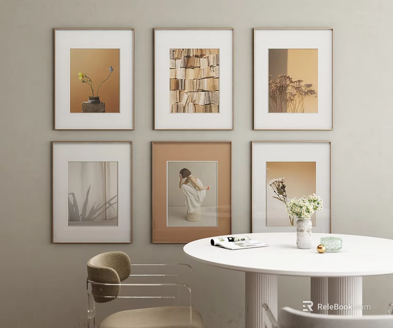 Six Framed Artworks On Beige Wall With White Round Table Chair And Flower Vase 3d model 