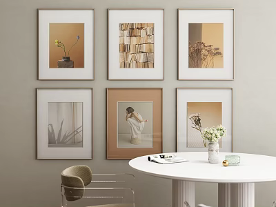Six Framed Artworks On Beige Wall With White Round Table Chair And Flower Vase 3d model