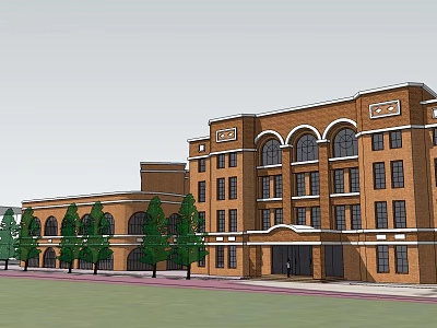 Red Brick Gymnasium Building With Arched Windows Multi Story Design Front Lawn And Trees 3d model