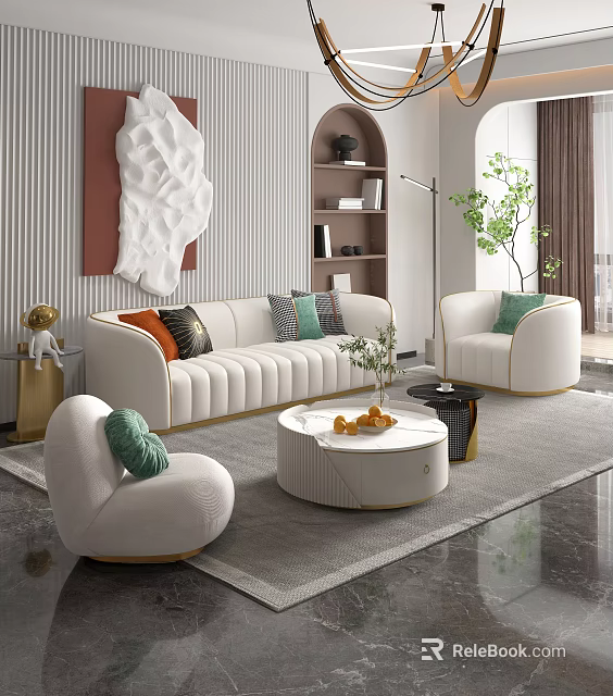 Elegant Modern Living Room Interior With White Sofa Armchairs Round Coffee Table And Green Plants 3d model 