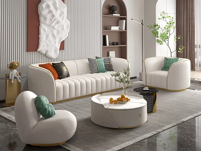 Elegant Modern Living Room Interior With White Sofa Armchairs Round Coffee Table And Green Plants 3d model