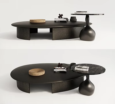Modern Circular Black Textured Coffee Table With Books Decorative Bowl And Sculptural Base 3d model