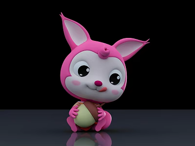 Cute Pink Cartoon Rabbit Game Character With Big Ears Holding Nut 3d model