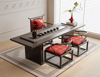New Chinese Style Tea Table and Chair Tea Set Tea Chair Vase Flower Art 3d model