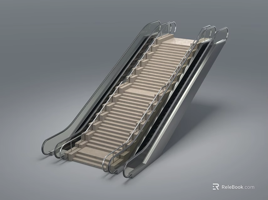 Modern Escalator Hallway With Stainless Steel Handrails And Light Colored Steps 3d model 