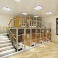Two Story Pet Mall Shop Interior With Cages Staircase And Bright Ceiling Lights
