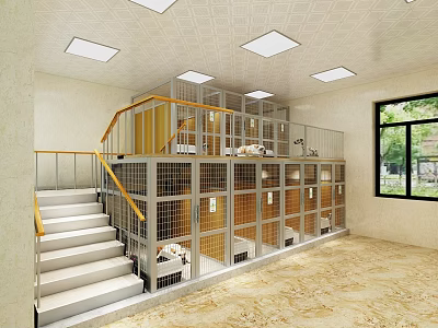 Two Story Pet Mall Shop Interior With Cages Staircase And Bright Ceiling Lights 3d model