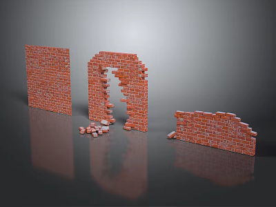 Red Brick Wall Structures Showing Intact Broken And Collapsed Parts With Scattered Bricks 3d model