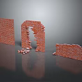 Red Brick Wall Structures Showing Intact Broken And Collapsed Parts With Scattered Bricks 3d model