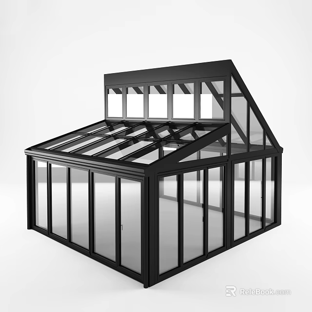 Modern Glasshouse Design With Black Frame And Large Transparent Glass Windows 3d model 