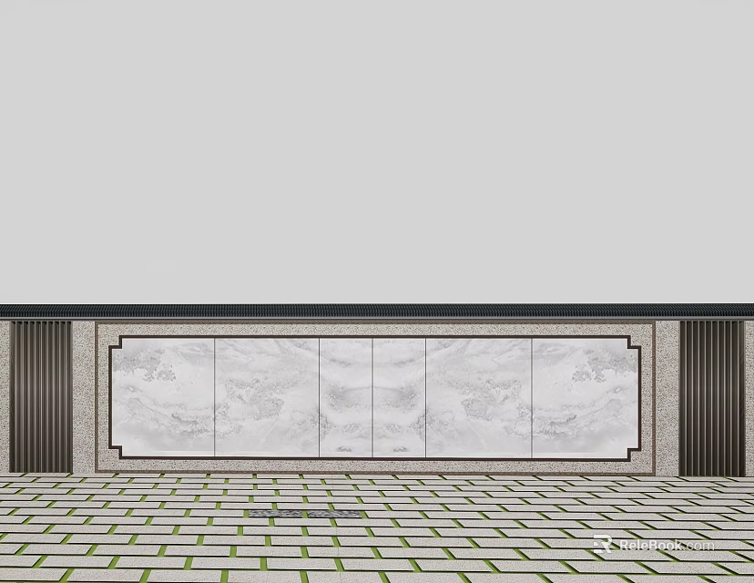 Garden Landscape With Patterned White Wall Dark Pillars And Brick Paved Ground 3d model