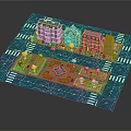 Cartoon Town Scene With Colorful Buildings Green Lawns Street Lamps And Central Fountain