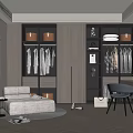 Modern Walk In Closet Interior Design With Wooden Cabinets Clothing Racks And Sofa
