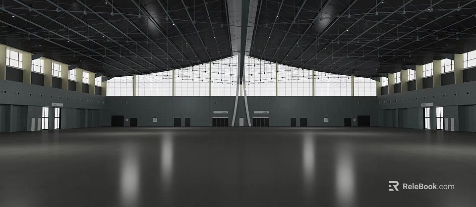Exhibition Hall Interior Design Featuring High Ceiling Large Windows And Spacious Floor Space 3d model