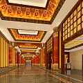 Religious Faith Inspired Temple Interior With Buddha Statues Red Columns And Golden Ceiling Decorations