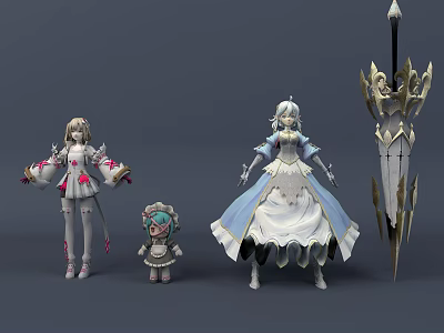 Anime Style Fantasy Game Characters With Diverse Costumes And Decorative Weapon 3d model