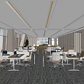 Modern Office Workspace Spacious Interior With Desks Chairs Laptops Large Windows And Ceiling Lighting 3d model