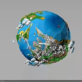 3D Globe Model With Blue Ocean Green Land White Clouds And Glaciers