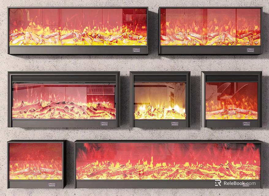 Various Modern Fireplace Designs With Burning Flames And Glass Front Panels 3d model
