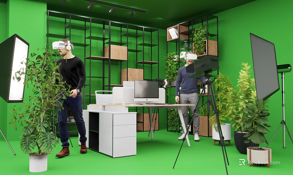 People Using VR Headsets In Green Room With Shelves Plants And Camera Tripod 3d model 