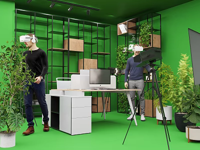 People Using VR Headsets In Green Room With Shelves Plants And Camera Tripod 3d model