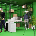 People Using VR Headsets In Green Room With Shelves Plants And Camera Tripod