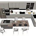 Modern Kitchen With White Cabinets Island Countertop Dining Table And Appliances