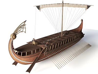 Ancient Wooden Sailing Ship with Decorative Bow Multiple Oars and Classic Hull Design 3d model