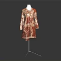 Elegant Rust Colored Long Sleeve Dress With White Intricate Patterns On Mannequin 3d model