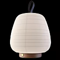 Minimalist Table Lamp With White Striped Shade Wooden Base And Black Handle