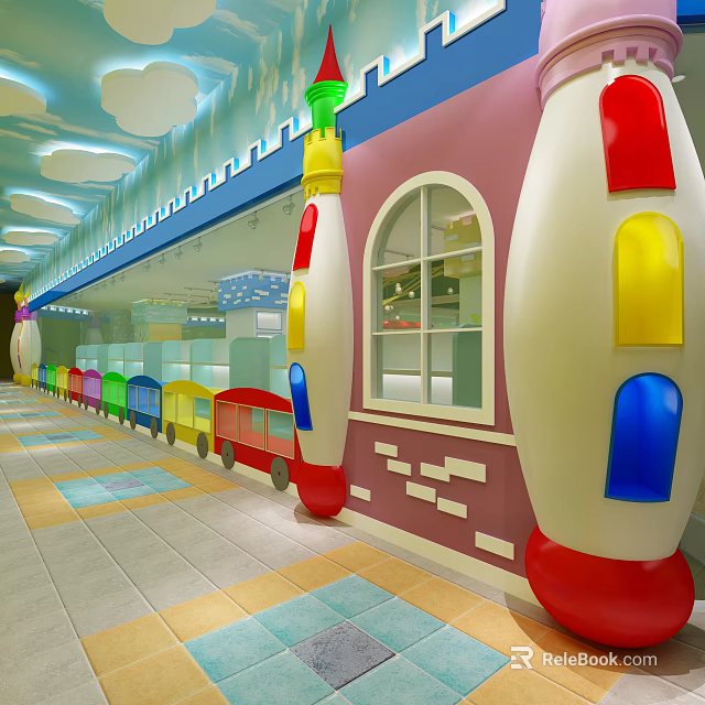 Colorful Kids Clothing Store Interior With Train Design Arched Windows And Bright Floor Tiles 3d model 