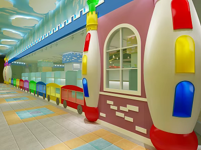 Colorful Kids Clothing Store Interior With Train Design Arched Windows And Bright Floor Tiles 3d model